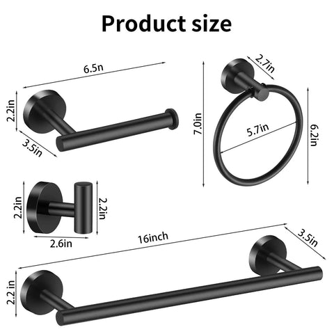 Matte Black Stainless Steel 10 Piece Bathroom Hardware Set With 2 16 Inch Towel Bars 4 Towel Hooks 2 Toilet Paper Holders And 2 Towel Rings