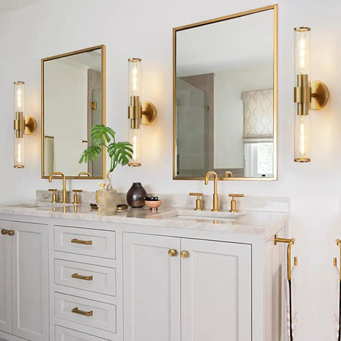 Gold Wall Sconce With Clear Glass, Modern Vanity Lighting Up And Down Indoor Wall Lights for bathroom, metal frame, no bulb