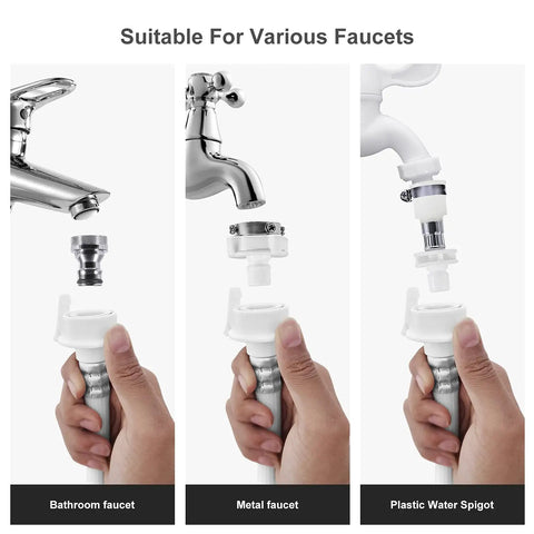 Connecting burst proof water inlet hose for portable washing machines to various faucet types, showing bathroom, metal, and plastic spigots.