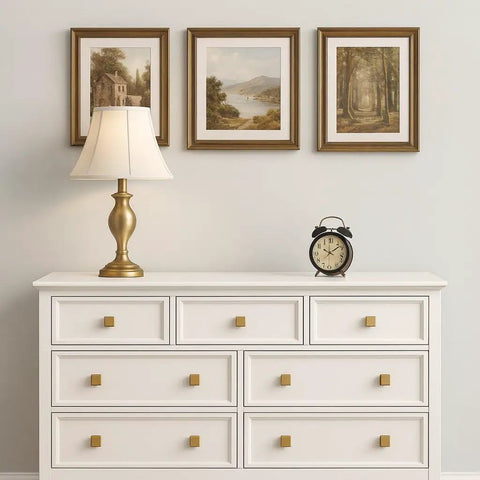 Dresser with Ten Pack Square Champagne Bronze Cabinet Knobs 1 1/8 Inch Single Hole Zinc Alloy Hardware, framed artwork above.