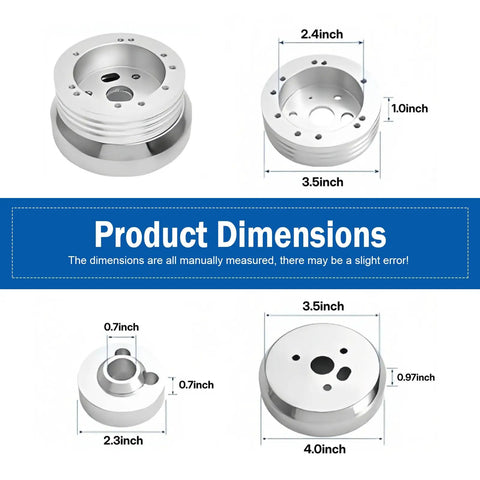 Product dimensions of Boss Level Billet Steering Wheel Hub Adapter for 5 or 6 hole whips, sleek silver polished aluminum alloy.
