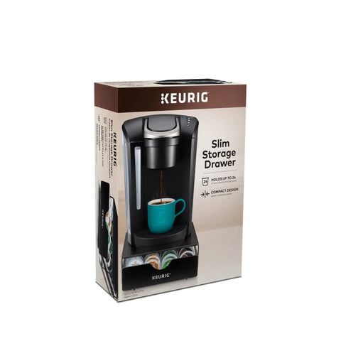 Box of Slim Under-Counter Coffee Pod Drawer For 24 K-Cups, Non-Rolling Metal Storage Organizer displayed under coffee maker