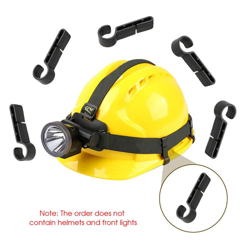 Yellow hard hat with headlamp and 52 Pcs Hard Hat Clips For Headlamp LED Light Helmet Clips Easy Mount On Narrow Edges Anti Slip Stable
