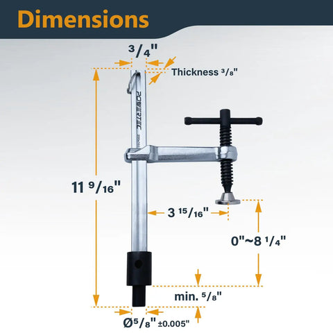 2 Pack T-Handle Welding Clamps Set With 8 Inch Opening And 4 Inch Throat Heavy-Duty Bench Clamps For Five-Eighths Inch Welding Table Holes Delivers Up To 400 Lbs Clamping Force, dimensions displayed on image.