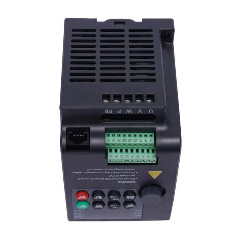 Powerful 750W 1HP Three-Phase Variable Frequency Drive VFD Inverter for 220V Motors, Smooth Start and Precise Speed Control, PLC Ready, Ideal for DIY CNC HVAC and Machinery, Model YL568K front view with terminal block and control buttons