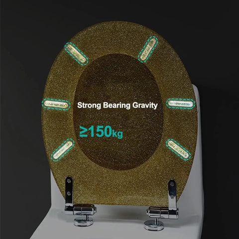 Shimmer Silver Glitter Toilet Seat With Smooth Soft Close Hinges And Quick Swap Nonslip Bumpers For Standard Elongated Models showing strong bearing capabilities.