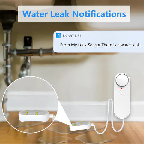WiFi 2.4G Water Leak And Water Level Detector 2 In 1 Tuya Smart Sensor Alarm with app alert under sink showing water leak