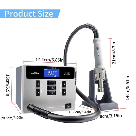 Lead Free 1000W Hot Air Soldering Station With Digital LCD Display For PCB Repairs BGA Rework SMD Desoldering Auto Sleep Mode Pro Grade Chip Soldering Tool dimensions shown