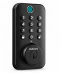 Lightning Fast Biometric Fingerprint Deadbolt with smart keypad and backup key feature in sleek black design.