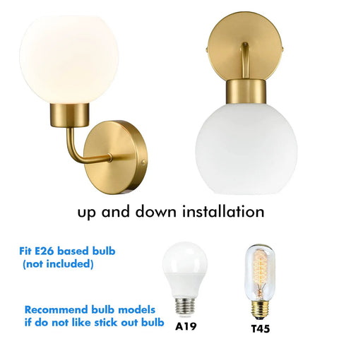 Gold Modern Bath Wall Sconce with Opal Glass Globe Vanity Lights Set of 2 featuring up and down installation view, bulb recommendations.