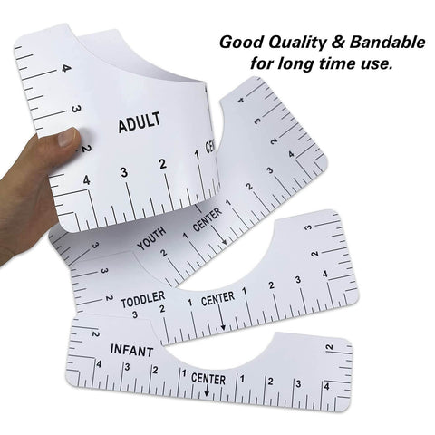 DIY T Shirt Alignment Tool Kit With Heat Resistant Tape And PTFE Teflon Transfer Sheets showing four ruler sizes