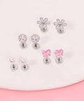 Hypoallergenic Surgical Steel Earrings for Girls and Toddlers with Screw Back Flat Posts Nickel Free and Safe for Sensitive Ears Kid Friendly Mixed 14K Gold and Silver Stud Set Featuring Heart Flower Pearl Star Shapes, flower and heart studs