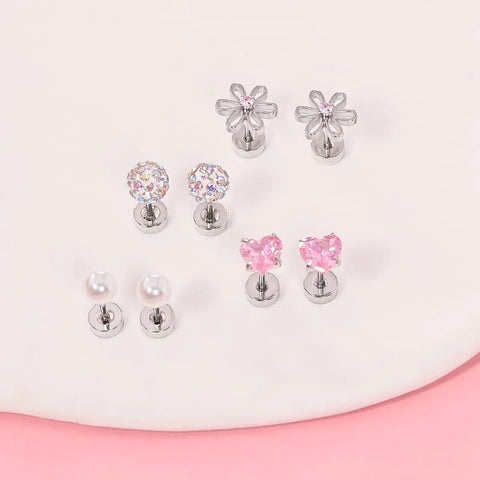 Hypoallergenic Surgical Steel Earrings for Girls and Toddlers with Screw Back Flat Posts Nickel Free and Safe for Sensitive Ears Kid Friendly Mixed 14K Gold and Silver Stud Set Featuring Heart Flower Pearl Star Shapes, flower and heart studs