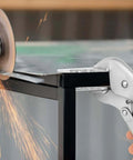 10 Inch Locking Sheet Metal Tool With Adjustable Opening in use, gripping a metal sheet during grinding, showcasing firm hold for DIY metalwork.