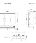 Massive 82 Inch Commercial Freezer With Triple Solid Doors And Precision Digital Temperature Control Built Hella Tough For Kitchens Running Round The Clock No Sweat Cold Storage With Free Liftgate Delivery Included Today front, side, and top view with dimensions.