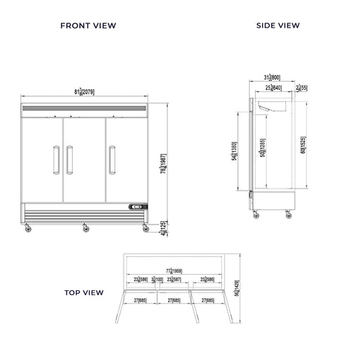 Massive 82 Inch Commercial Freezer With Triple Solid Doors And Precision Digital Temperature Control Built Hella Tough For Kitchens Running Round The Clock No Sweat Cold Storage With Free Liftgate Delivery Included Today front, side, and top view with dimensions.