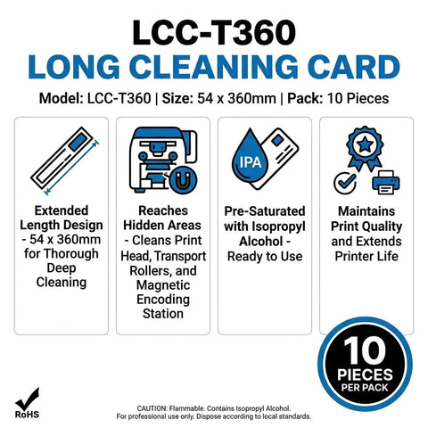 Heavy Duty Ten Pack T Shaped Pre Saturated Cleaning Cards For Magicard And Matica ID Printers Pro Level Maintenance Kit displaying features and details.