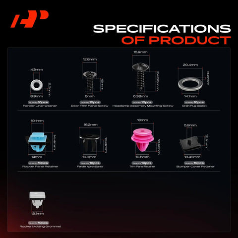 Specifications image for Top Drawer 210 Piece Retainer Clip Kit For Kia Soul 2014 Through 2019 Bumper Fasteners and screws.