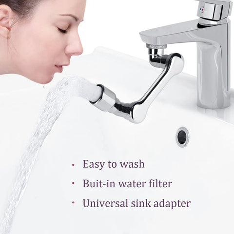 Woman using 1080 Degree Rotating Aerator Extender For Kitchen And Bathroom Sink Faucets Universal Splash Filter Water Nozzle Adapter Bubbler Extension That Reaches Every Corner A No Brainer Upgrade For Easy Splash Control on sink