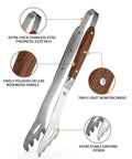 Heavy Duty Rosewood Handle BBQ Grill Tongs Measuring 16.7 Inches Long with stainless steel and detailed design features.