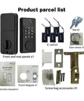 Premium Rock Solid Smart Fingerprint Deadbolt Lock Featuring Password Card Key And Phone App Control With Auto Secure Locking System parts and accessories in product parcel list.