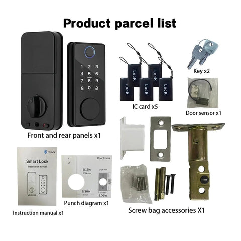 Premium Rock Solid Smart Fingerprint Deadbolt Lock Featuring Password Card Key And Phone App Control With Auto Secure Locking System parts and accessories in product parcel list.