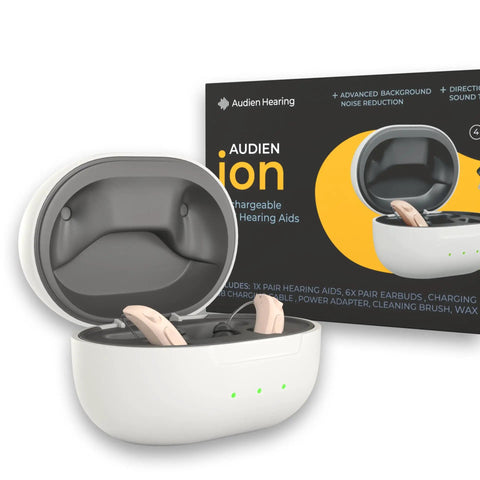 Wireless Rechargeable OTC Hearing Aid for Seniors and Adults Ultra Comfortable Design in charging case with packaging