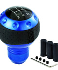 Bold Blue Five Speed Ball Shift Knob with Crisp Gear Map For Manual Transmissions in aluminum with accessories.