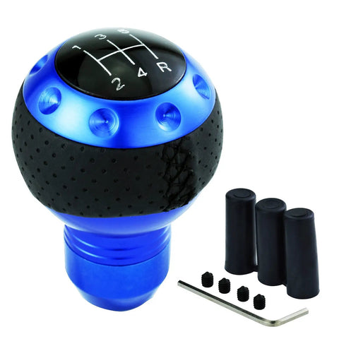 Bold Blue Five Speed Ball Shift Knob with Crisp Gear Map For Manual Transmissions in aluminum with accessories.