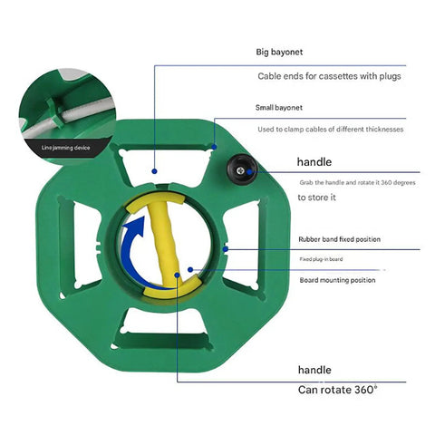 Sweet Compact Cord Reel With Quick Wind Handle And Heavy Duty Abs Build, showing 360° rotating handle and bayonet design for cable management.