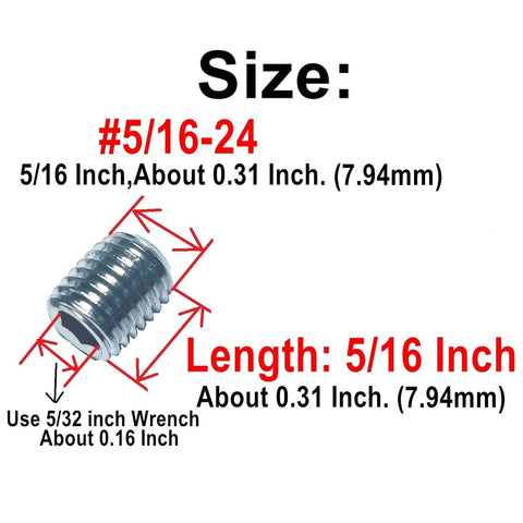 34 Piece 5/16-24 Stainless Steel Hex Socket Set Screws With Allen Wrench, side view showing measurements and specifications