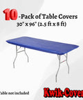 Elastic Fitted 8 Foot Rectangle Plastic Table Covers Set Of 10 30 By 96 Inches Royal Blue Lightweight Yet Durable Wind Resistant Party Table Liners With Self Adhesive Edges For Quick No Fuss Easy Setup displayed on table