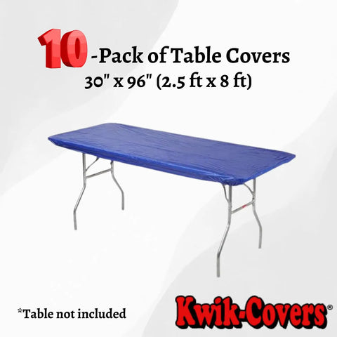 Elastic Fitted 8 Foot Rectangle Plastic Table Covers Set Of 10 30 By 96 Inches Royal Blue Lightweight Yet Durable Wind Resistant Party Table Liners With Self Adhesive Edges For Quick No Fuss Easy Setup displayed on table
