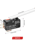 20 Pieces Long Straight Lever Arm Micro Switch Heavy Duty 15A 125 To 250 VAC 1NO 1NC Limit Switch V-153-1C25 dimensions