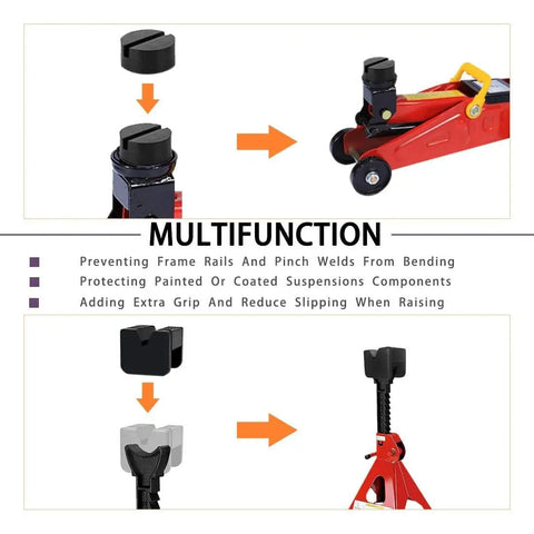 3 Ton Universal Rubber Jack Pad Adapters Set For Jack Stands, Round Type And V Type Slotted Frame Rail Protectors in use