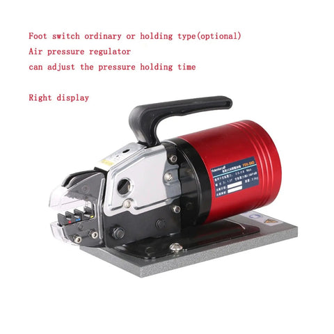 Heavy Duty Pneumatic Crimper Terminal Tool For Fast Electric Wire Compression on a workbench featuring a red motor and pressure adjustments.
