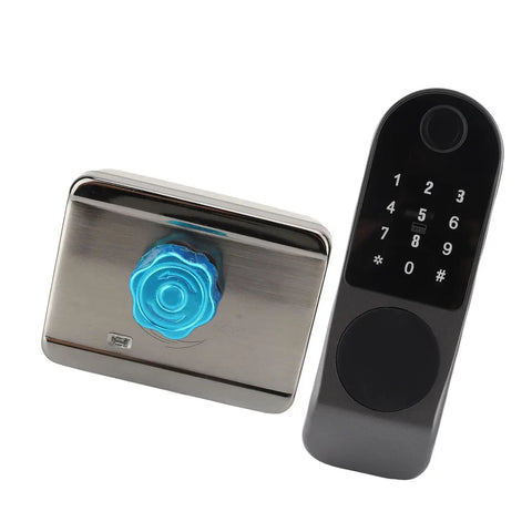 Rock Hard Aluminum Alloy Smart Deadbolt Featuring Rapid Fingerprint Reader Dual Key Cards App Management And Quick Password Code installed with a stylish panel.