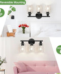 Three Light Matte Black Bathroom Vanity Light Fixtures With Clear Glass Shades shown mounted above beds for stylish lighting