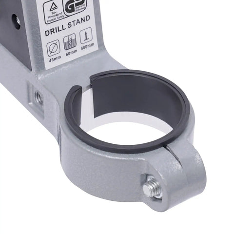 Universal Drill Press Stand Featuring Rock Solid Bench Mount And Heavy Duty Aluminum Base For Hands Free Power Drill Workbench Setup Gotta Try For Smooth Diy Projects And Effortless Tool Alignment, close-up of 60mm collar clamp.