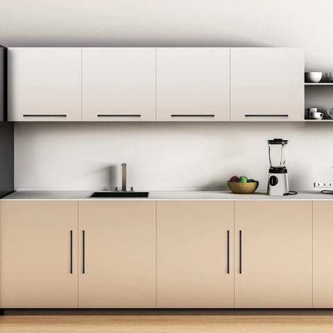 Modern kitchen with 12.6 inch square cabinet handles matte black pulls for kitchen cupboards and drawers installed on beige cabinets.