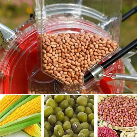 Corn Planter Seeder With Adjustable Depth For Precise Row Planting A Handy Hand Push Garden Seeder Roller Design With Six Mouth Seed Dispenser filled with seeds.