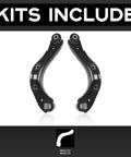 Rear Upper Control Arm Suspension Kit, 2 Piece Bolt On Upgrade For 2008 To 2015 Honda Civic And 2013 To 2021 Acura ILX, OE Style Replacement, Durable Steel Arms For Smooth Ride And Improved Handling shown in black steel.
