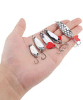 Person holding 5 metal spoons from 10 Piece Metal Spoons Lures Kit With Hooks Tackle Box Hard Fishing Lures Sequin Baits For Trout Panfish Bass