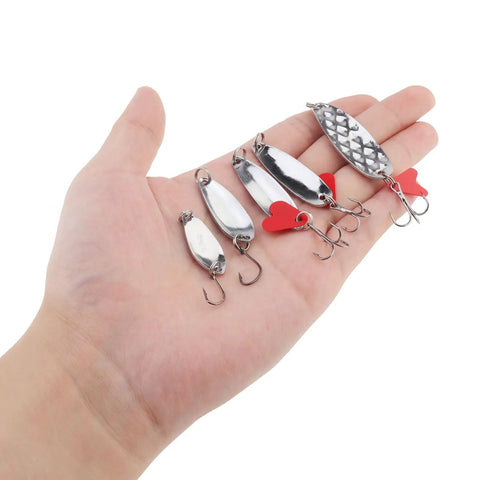 Person holding 5 metal spoons from 10 Piece Metal Spoons Lures Kit With Hooks Tackle Box Hard Fishing Lures Sequin Baits For Trout Panfish Bass