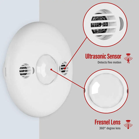 Smart Ultrasonic And PIR Dual Technology Occupancy Sensor For Commercial Use, 360 Degree Coverage Up To 1600 Sq Ft, Ceiling Mount, MDC50VW, White