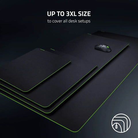 Gigantus V2 XXL cloth gaming mouse pad with thick high density foam and non slip base, classic black, shown in multiple sizes.