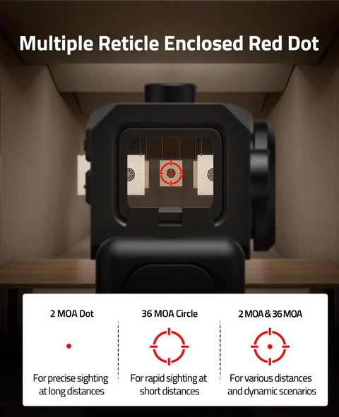 Solar Enclosed Red Dot Sight For ACRO Style Builds, 2 MOA Dot With 36 MOA Circle, Dual-Lens Enclosure Keeps Hellish Dust Out, Shock Resistant, Mud And Debris Guard, Quick Target Acquisition, All-Weather Precision. Black 7075-T6 enclosed red dot sight with 2 MOA dot and 36 MOA circle reticle
