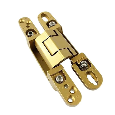Rock Solid Dimensional Adjustable Concealed Door Hinges Set Of Two Heavy Duty Zero Play Flush Mount Hardware For Snug Fit Super Smooth Swing Interior Room Entry Silver shown from side with gold finish.