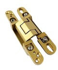 Top Shelf Premium Hidden Door Hinges 140Mm Dimensional Adjustable Invisible Cabinet Hardware Pack Of Two Matte Gold Finish close-up view.
