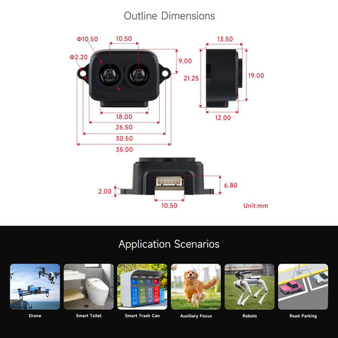 TF Luna Lidar Ranging Sensor dimensions and applications for Raspberry Pi Pico, highlighting drone and robotics uses.